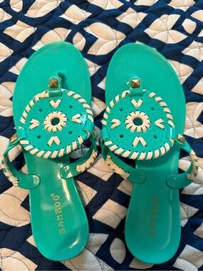 BAMBOO Teal Jelly Sandals with White Woven Medallion